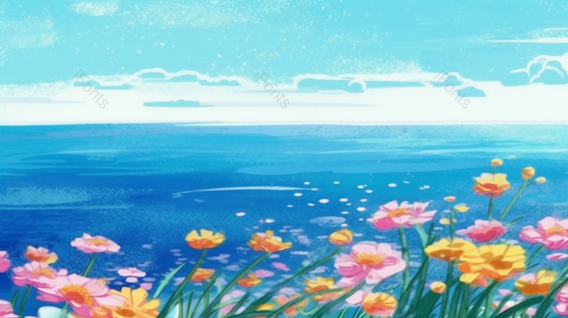 唯美清新自然风景花朵海边插画手绘背景壁纸,插画/手绘图,插画/手绘图库,插画/手绘图下载,插画/手绘